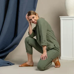 Linneblus med lång ärm & byxor 2-delat set stengrön
