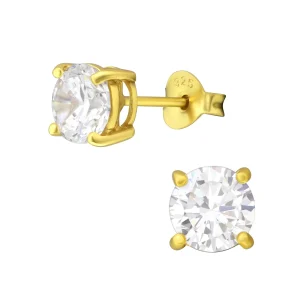 6 mm rund vit kristall - 18k guldpläterat äkta silver - Studs-örhängen