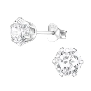 6 mm rund kristall - Stora kristallörhängen - Studs i äkta silver