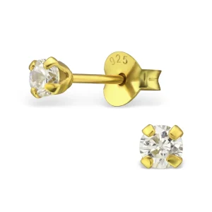 3 mm rund vit kristall - 18k guldpläterat äkta silver - Studs-örhängen